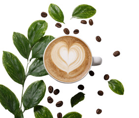 A top-down view of a cup of latte art.  Green leaves and coffee beans surround the cup.  A heart design is visible on the latte's surface