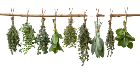 Dried herbs hanging on a wooden rod.  Colorful bunches of various herbs, tied and hanging from a light brown wooden pole, against a plain black background.  Natural, dried, and ready for use