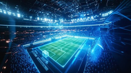 Futuristic holographic football stadium with glowing neon blue digital grid illuminating soccer field in cyberpunk technological environment. Background animation - Powered by Adobe