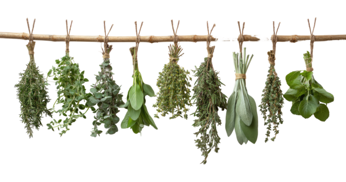 Dried herbs hanging on a wooden rod.  Colorful bunches of various herbs, tied and hanging from a light brown wooden pole, against a plain black background.  Natural, dried, and ready for use