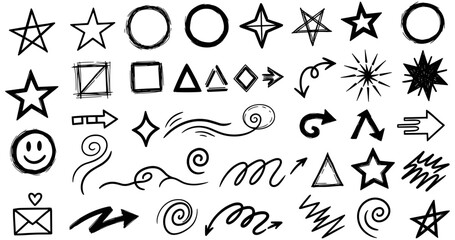 Hand-drawn design elements set, black sketch-style vector icons including arrows, stars, swirls, hearts, shapes, and emotive symbols