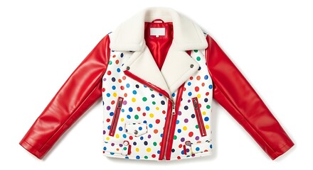 Fashionable red leather sleeve white polka dot print jacket with sherpa collar for children, stylish outerwear with zip detail