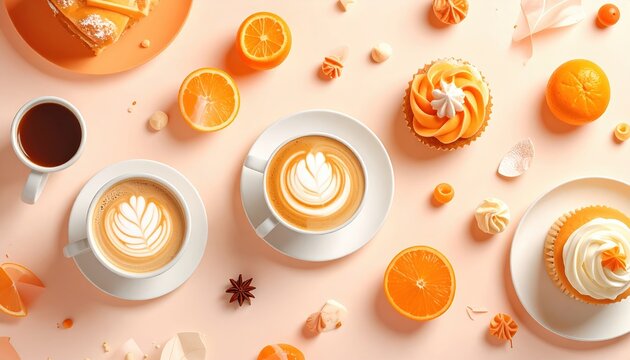 Orange dessert and coffee flat lay with slices, cupcakes, and latte art on pastel background