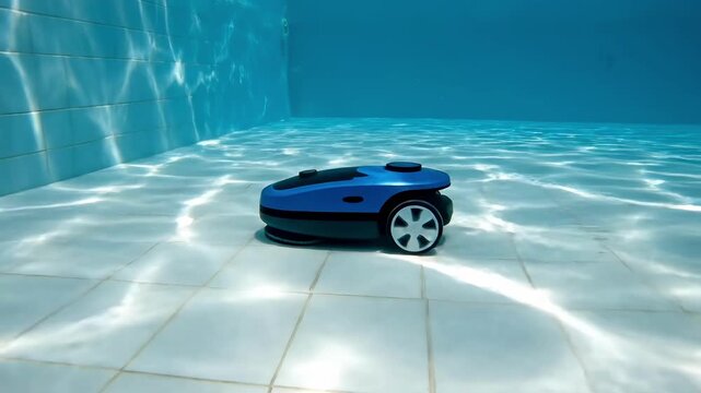 Robotic pool cleaner gliding underwater with sunlit ripples