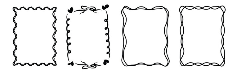 Set of hand drawn doodle frames with curly and ribbon elements in black outline on white background. Concept of decorative border design, whimsical frame template and creative vintage ornament.