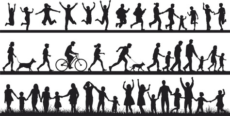 Silhouette people walking, running, dancing, celebrating, family bonding, outdoor activity, teamwork, children, pets, unity, joy, lifestyle, community, 