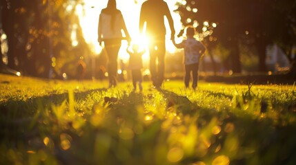 Family enjoys a sunny evening stroll in a park with children on a warm autumn day