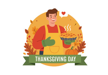 Thanksgiving Chef Holding Pie Autumn Celebration Vector Illustration