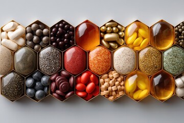 Array of health supplements in a hexagonal arrangement on a neutral background