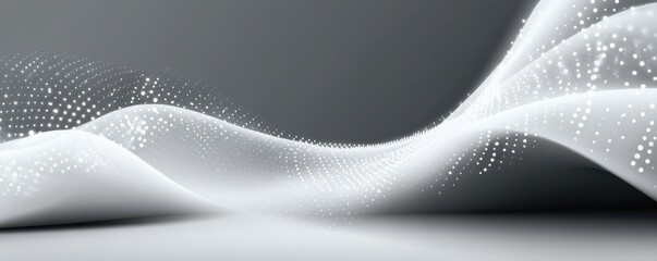 Abstract white flowing waveforms with glowing light spots on a dark grey background
