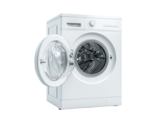 White washing machine with open door.  The machine's door is slightly ajar, revealing the interior drum with dark contents.  A modern, clean appliance,  ready for use