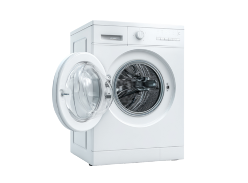White washing machine with open door.  The machine's door is slightly ajar, revealing the interior drum with dark contents.  A modern, clean appliance,  ready for use