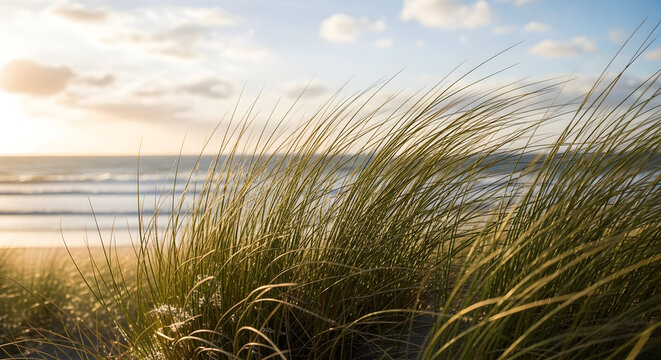 Tall beach grass sways in the wind against a soft ocean sunset
