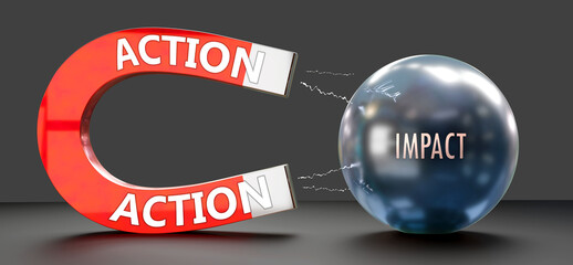 Action attracts Impact. A metaphor showing action as a big magnet attracting impact. Analogy to demonstrate the importance and strength of action. ,3d illustration