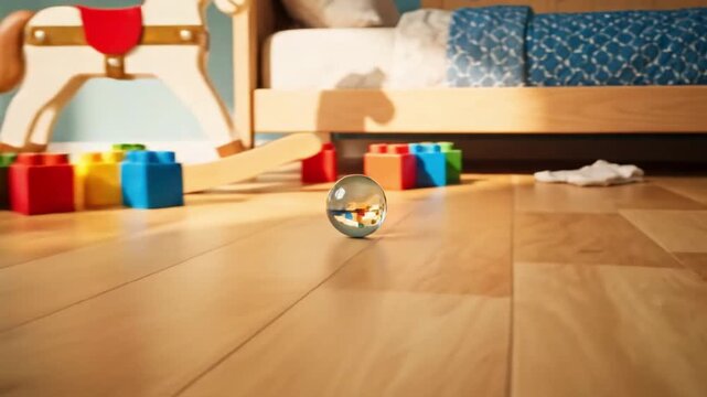 Glass marble rolling through colorful track and wooden floor adventure