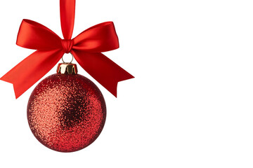 Shiny red christmas ornament with bow isolated on transparent background for decoration
