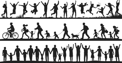Silhouette, people, walking, dancing, jumping, unity, family, children, celebration, togetherness, outdoor, happiness, motion, community, lifestyle, bonding, teamwork, joy, connection, diversity