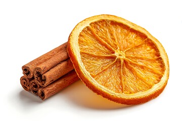 Dried orange slice and cinnamon sticks isolated on white background