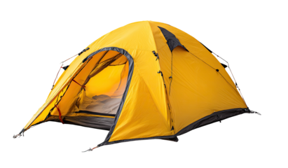Bright yellow camping tent against a black background