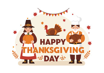 Happy Thanksgiving Day Celebration Pilgrim Chef Turkey Pumpkin Greeting Card