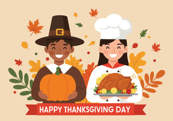 Naklejka premium Happy Thanksgiving Celebration Pilgrim and Chef with Turkey and Pumpkin