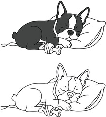 Cute Sleeping Boston Terrier Puppy with Toy Bone on Pillow - Adorable Cartoon Dog Vector Illustration