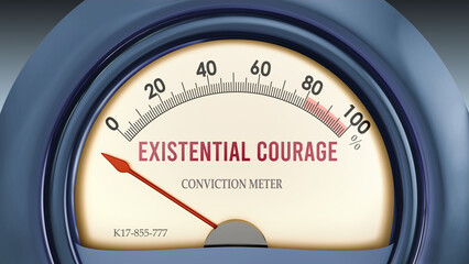 Existential Courage and Conviction Meter that hits less than zero, showing an extremely low level of existential courage, none of it, insufficient. Minimum value, below the norm. ,3d illustration © GoodIdeas