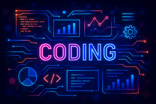 Futuristic neon coding concept with glowing text graphs charts and programming visuals representing software development and technology