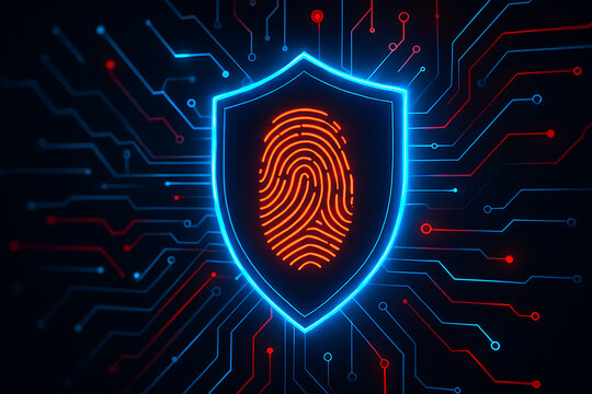 Glowing shield hologram with fingerprint technology showing cybersecurity access verification data encryption and protection of digital systems