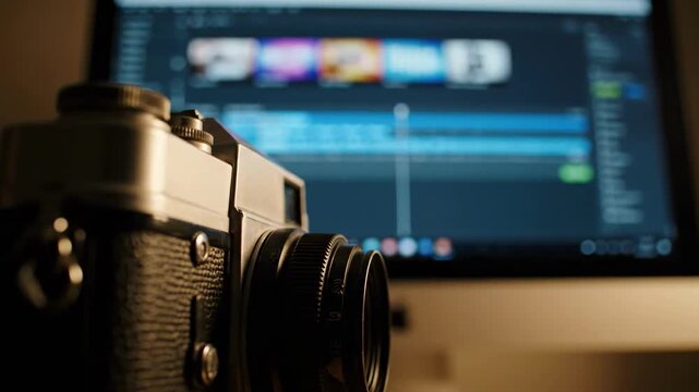 Focus transition from vintage camera to modern computer screen in editing workflow