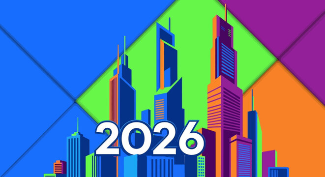 Vibrant 2026 Cityscape Modern Skyscrapers Against a Dynamic Geometric Background Representing Urban Future and Development Illustration