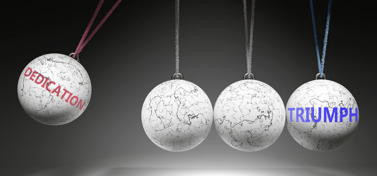 Dedication and Triumph - cause and effect relationship. A Newton cradle metaphor showing how dedication results in triumph. It initiates triumph. ,3d illustration