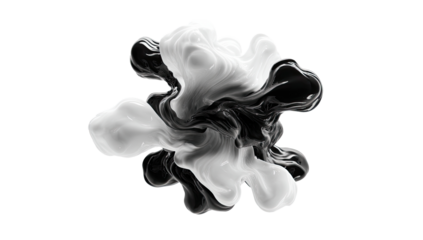 Abstract ink blots, swirling in black and white.  A central, complex,  organic shape of  flowing, textured liquid
