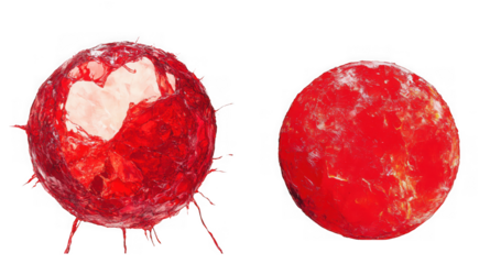 Two red abstract spheres, one with a heart shape, isolated on transparent background