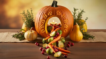 Carved Pumpkin with Leaf Motif and Candlelight Overflowing with Vegetables and Cranberries, Surrounded by Autumn Pumpkins and Greenery on Burlap Table in Warm Harvest Setting