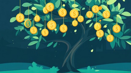 Money Tree with Coins Illustrating Wealth Concept