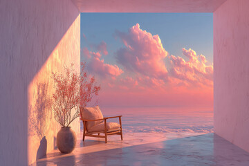 A comfortable chair on a marble floor overlooking cloudy pink skies.