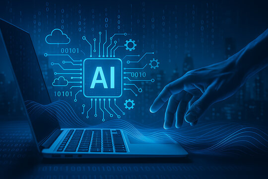 Modern AI machine learning technology shown with glowing computer circuit design cloud computing and digital innovation on laptop