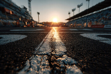 Close-up of the starting line on a race track at sunset.