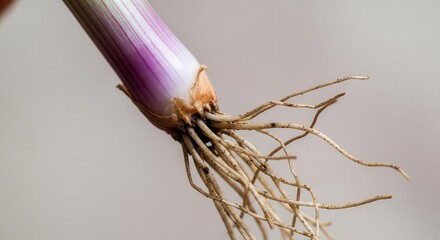 Fresh Shallot Bulb With Purple Hue Showing Its Root System Against a Neutral Background