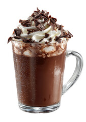 Rich, decadent hot chocolate in a clear glass mug.  Whipped cream and chocolate shavings atop