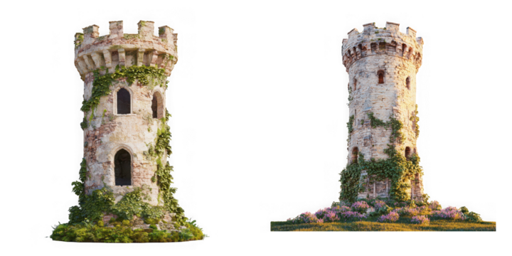 Ancient stone tower overgrown with ivy and flowers, isolated on transparent background