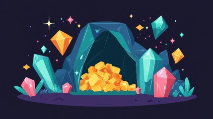 Colorful Fantasy Cave with Gems and Gold