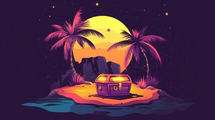 Tropical Treasure Island Under Moonlight