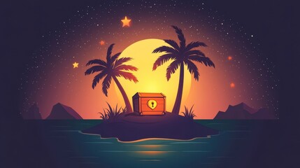 Treasure Chest on a Tropical Island at Night