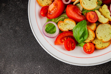 Panzanella salad tomato, croutons, onions vegetables dish natural product tasty snack fresh delicious gourmet food background on the table rustic top view copy space