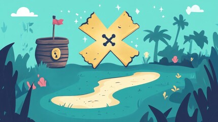 Cartoon Treasure Map with Pirate Elements and Landscape