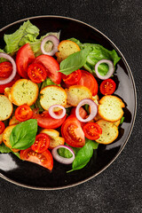Panzanella salad tomato, croutons, onions vegetables dish natural product tasty snack fresh delicious gourmet food background on the table rustic top view copy space