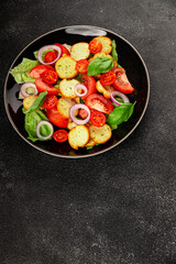 Panzanella salad tomato, croutons, onions vegetables dish natural product tasty snack fresh delicious gourmet food background on the table rustic top view copy space