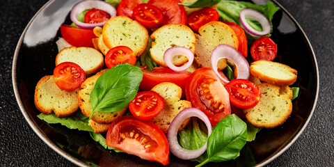 Panzanella salad tomato, croutons, onions vegetables dish natural product tasty snack fresh delicious gourmet food background on the table rustic top view copy space